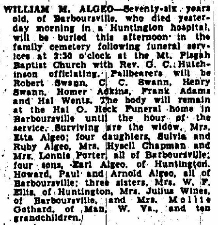 Obit for William Wirt Algeo 1938